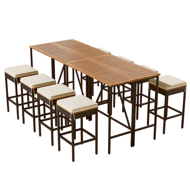Table d'extérieur 10 pièces, 8 tabourets avec coussins, table à manger en rotin PE, plateau pliable, mobilier de patio tout temps