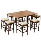 Table d'extérieur 10 pièces, 8 tabourets avec coussins, table à manger en rotin PE, plateau pliable, mobilier de patio tout temps