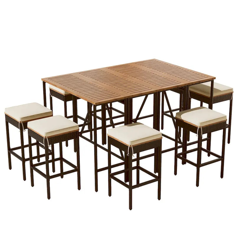 Table d'extérieur 10 pièces, 8 tabourets avec coussins, table à manger en rotin PE, plateau pliable, mobilier de patio tout temps