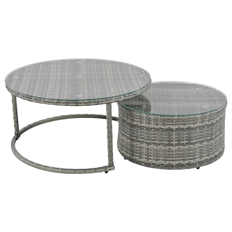Ensemble de canapé d'extérieur en rotin gris avec coussins bleus, 9 pièces, en forme de demi-lune