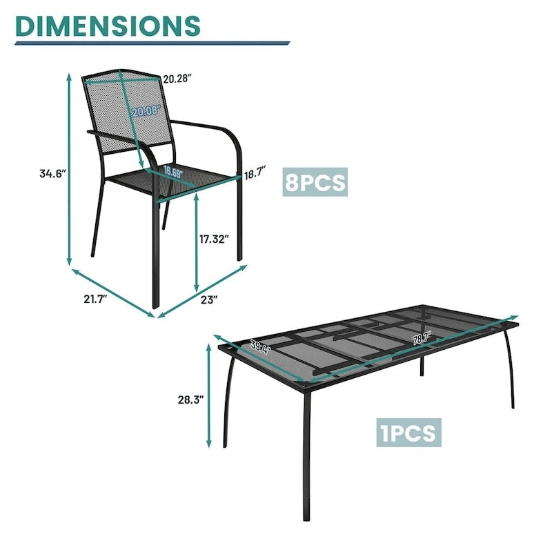Table en fer grillagé rectangulaire avec chaise (lot de 9)