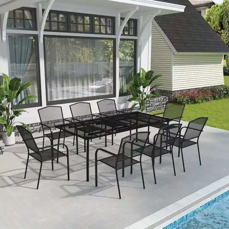 Table en fer grillagé rectangulaire avec chaise (lot de 9)