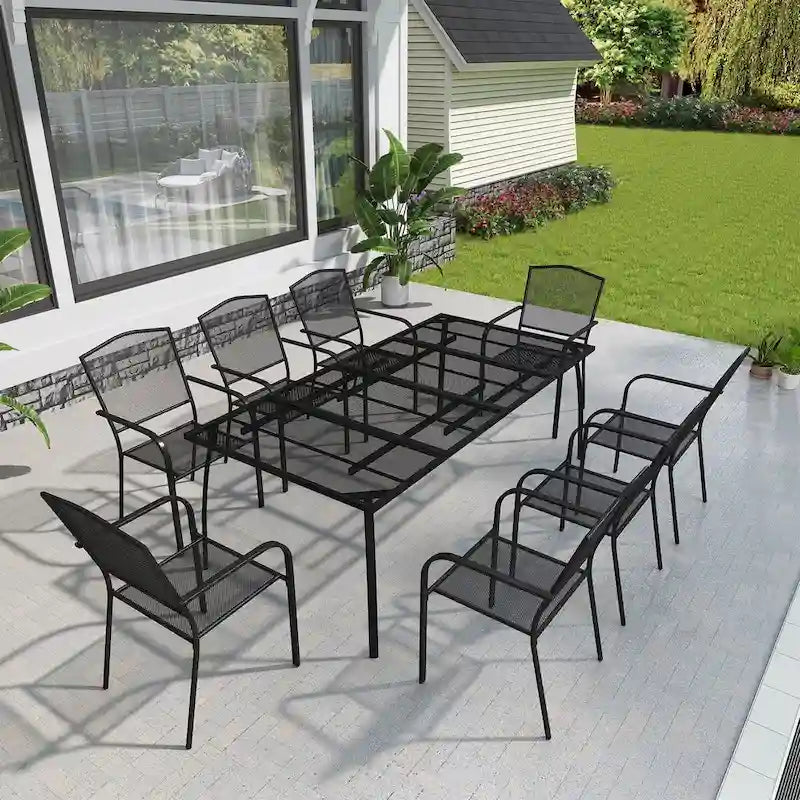 Table en fer grillagé rectangulaire avec chaise (lot de 9)