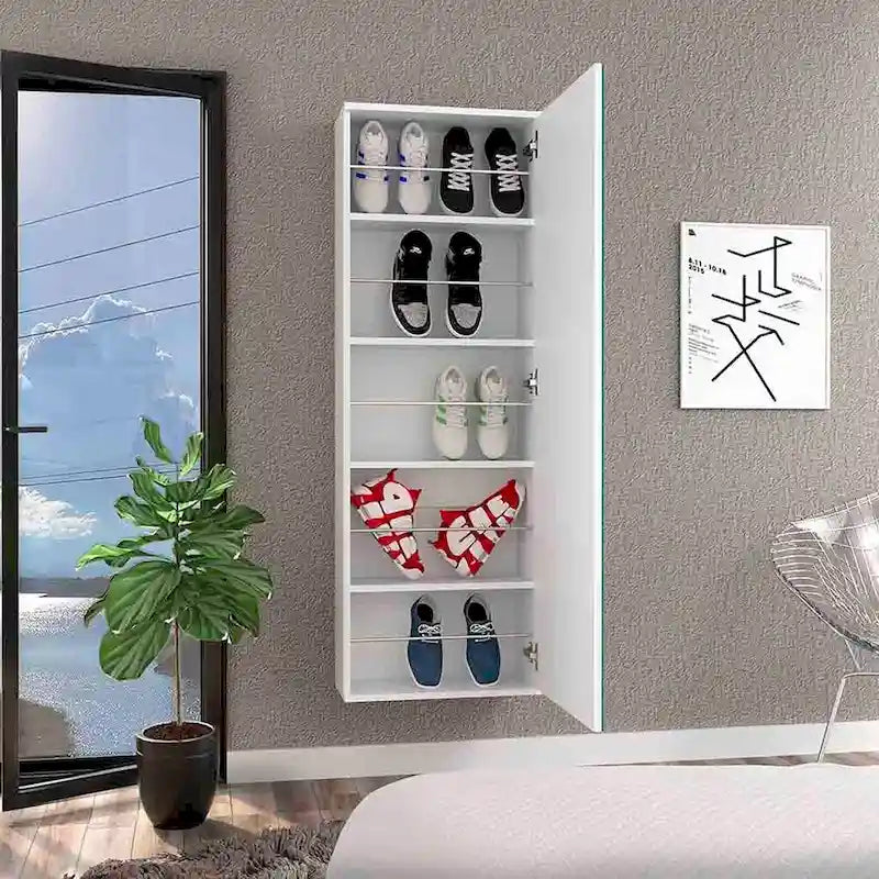 Meuble à chaussures mural avec miroir Chimg, porte simple, finition blanche, haute qualité et durable