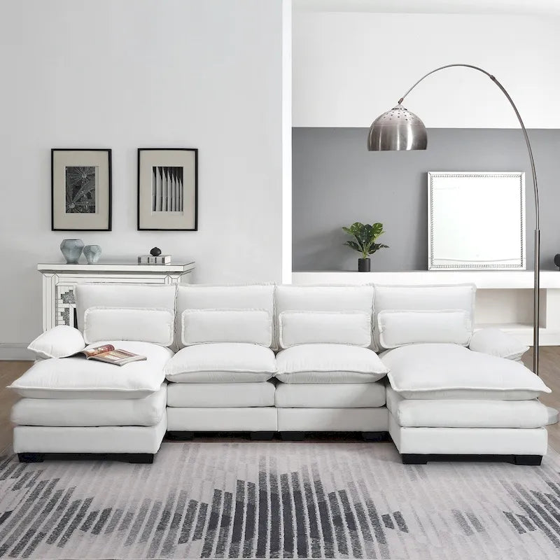 Canapé sectionnel moderne en U rembourré 6 places avec coussins lombaires, canapé-lit avec méridienne, blanc