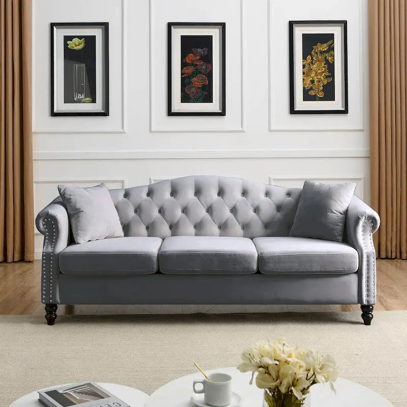 Canapé Chesterfield en velours 79 places pour salon, canapé capitonné avec accoudoirs roulés et têtes de clou, deux oreillers