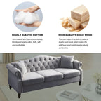 Canapé Chesterfield en velours 79 places pour salon, canapé capitonné avec accoudoirs roulés et têtes de clou, deux oreillers