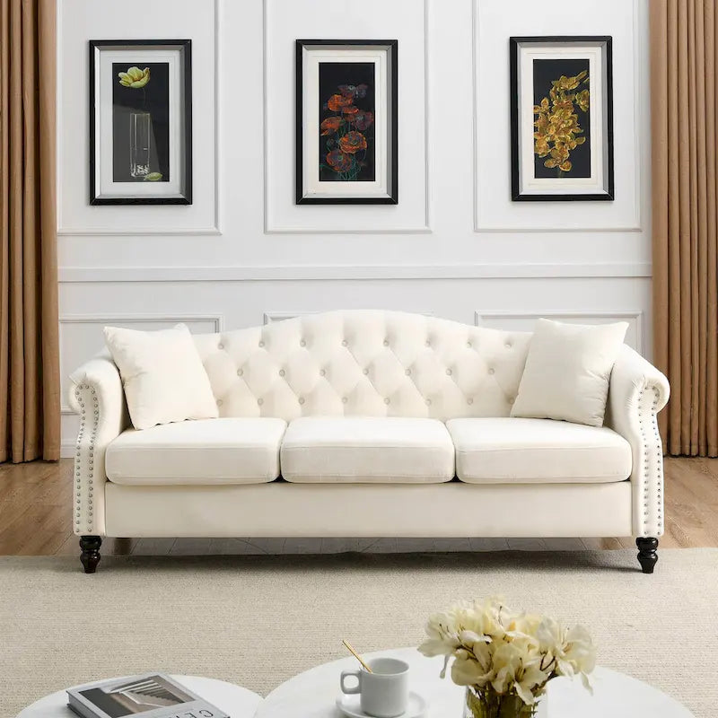 Canapé Chesterfield en velours 79 places pour salon, canapé capitonné avec accoudoirs roulés et têtes de clou, deux oreillers
