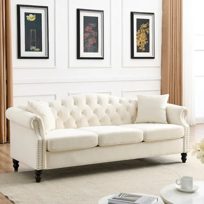 Canapé Chesterfield en velours 79 places pour salon, canapé capitonné avec accoudoirs roulés et têtes de clou, deux oreillers