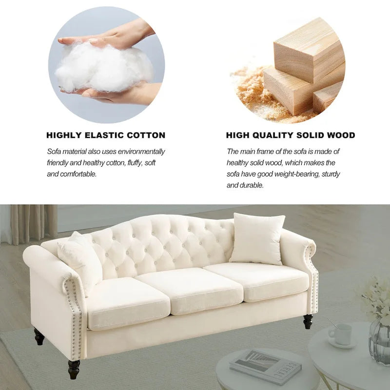 Canapé Chesterfield en velours 79 places pour salon, canapé capitonné avec accoudoirs roulés et têtes de clou, deux oreillers