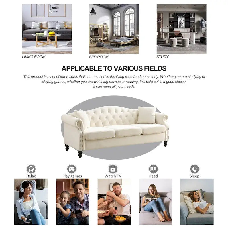 Canapé Chesterfield en velours 79 places pour salon, canapé capitonné avec accoudoirs roulés et têtes de clou, deux oreillers
