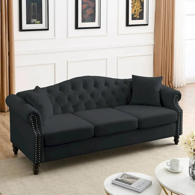 Canapé Chesterfield en velours 79 places pour salon, canapé capitonné avec accoudoirs roulés et têtes de clou, deux oreillers