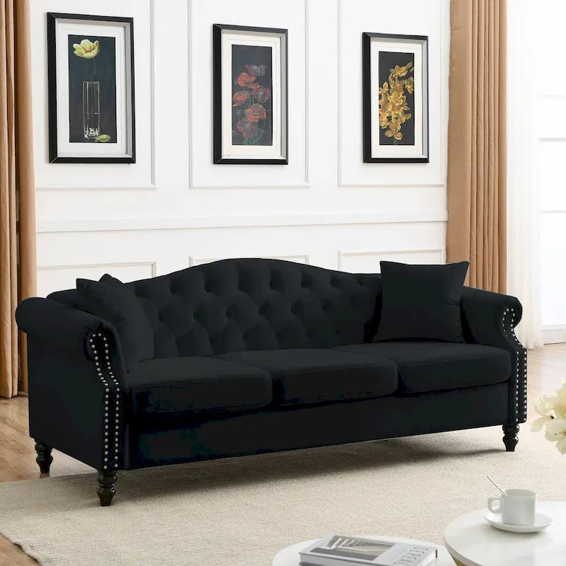 Canapé Chesterfield en velours 79 places pour salon, canapé capitonné avec accoudoirs roulés et têtes de clou, deux oreillers