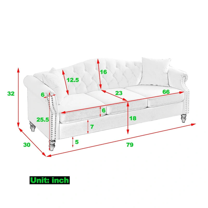 Canapé Chesterfield en velours 79 places pour salon, canapé capitonné avec accoudoirs roulés et têtes de clou, deux oreillers