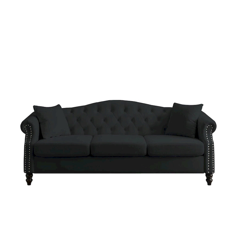 Canapé Chesterfield en velours 79 places pour salon, canapé capitonné avec accoudoirs roulés et têtes de clou, deux oreillers