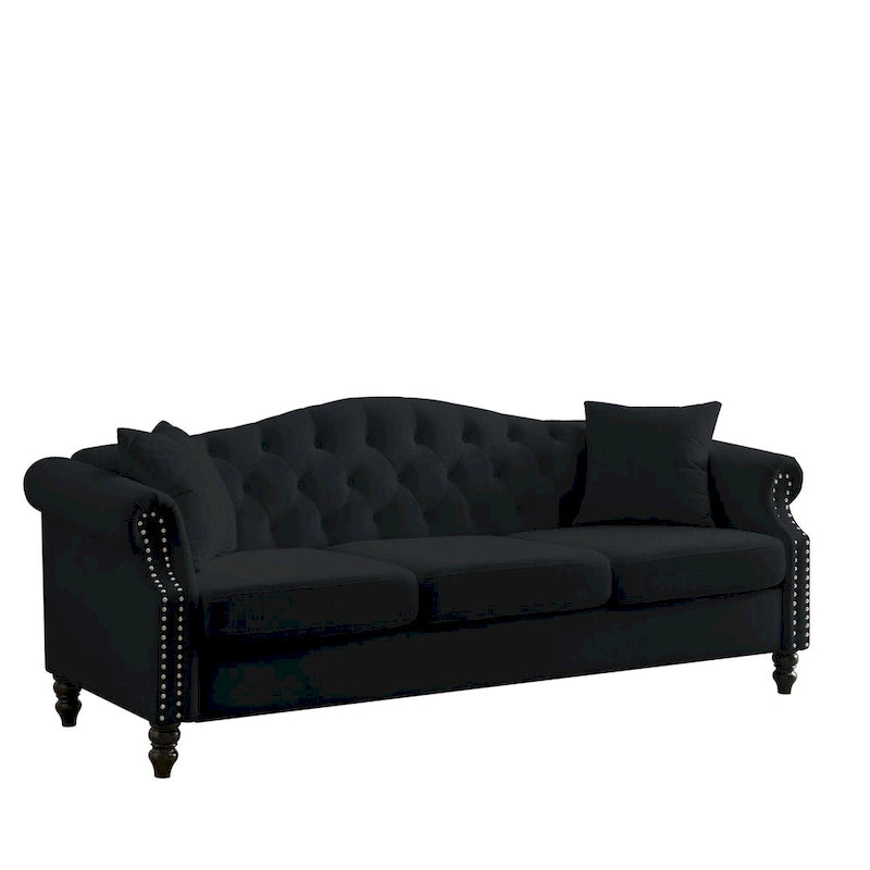 Canapé Chesterfield en velours 79 places pour salon, canapé capitonné avec accoudoirs roulés et têtes de clou, deux oreillers