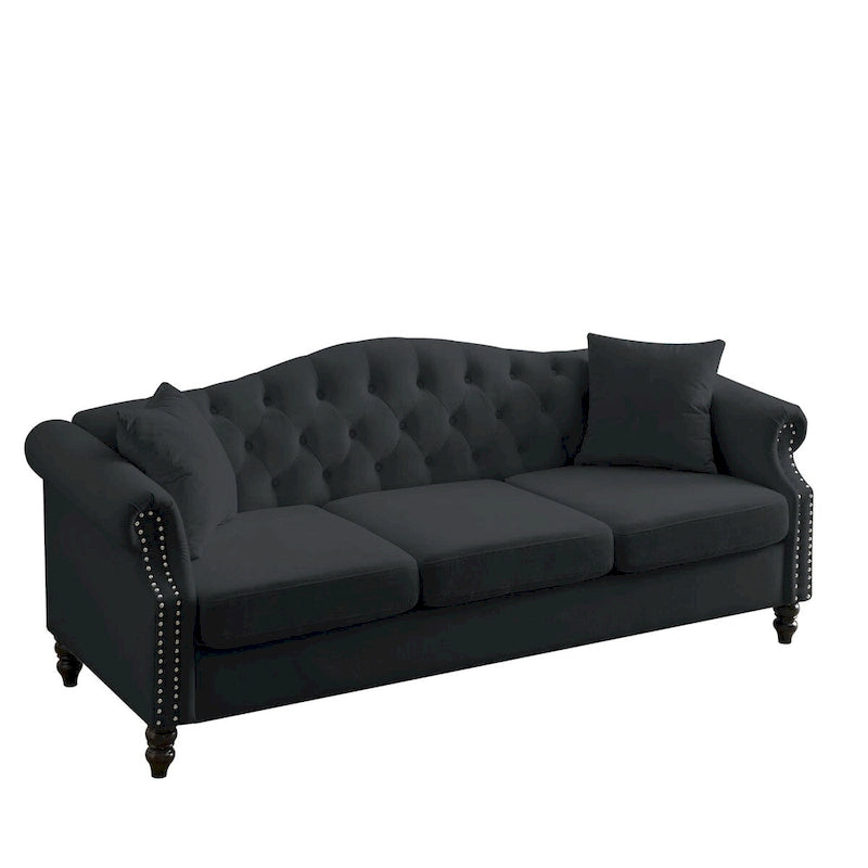 Canapé Chesterfield en velours 79 places pour salon, canapé capitonné avec accoudoirs roulés et têtes de clou, deux oreillers