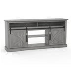 Meuble TV coulissant gris 68 po avec compartiment de rangement ouvert