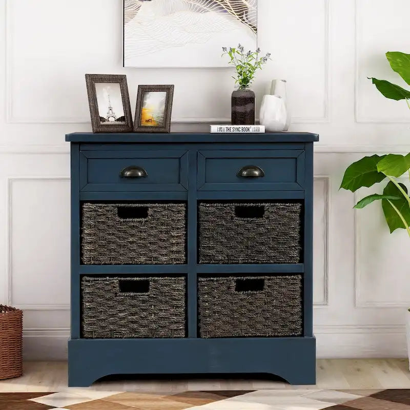 Meuble de rangement rustique avec deux tiroirs et quatre paniers en rotin classique pour salle à manger/entrée/salon