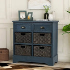 Meuble de rangement rustique avec deux tiroirs et quatre paniers en rotin classique pour salle à manger/entrée/salon