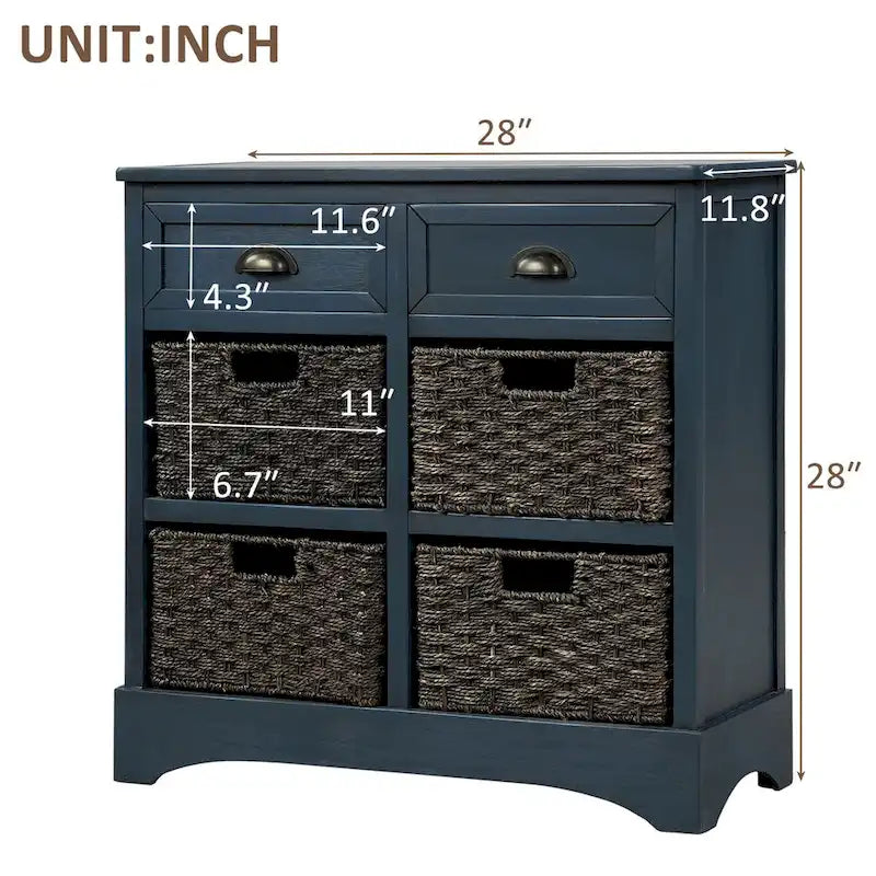 Meuble de rangement rustique avec deux tiroirs et quatre paniers en rotin classique pour salle à manger/entrée/salon