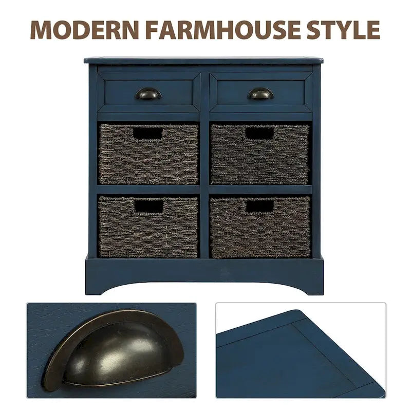 Meuble de rangement rustique avec deux tiroirs et quatre paniers en rotin classique pour salle à manger/entrée/salon
