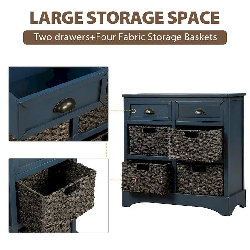 Meuble de rangement rustique avec deux tiroirs et quatre paniers en rotin classique pour salle à manger/entrée/salon