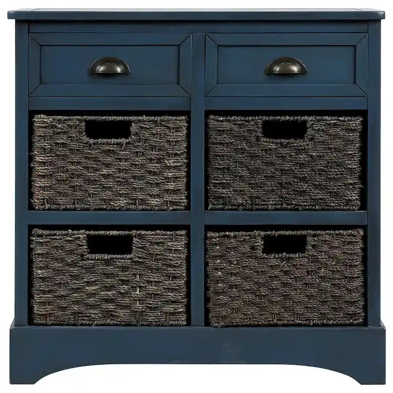 Meuble de rangement rustique avec deux tiroirs et quatre paniers en rotin classique pour salle à manger/entrée/salon