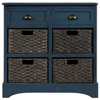Meuble de rangement rustique avec deux tiroirs et quatre paniers en rotin classique pour salle à manger/entrée/salon