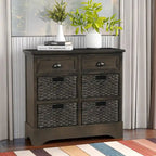 Meuble de rangement rustique avec deux tiroirs et quatre paniers en rotin classique pour salle à manger/entrée/salon