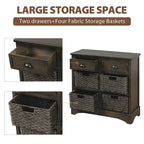 Meuble de rangement rustique avec deux tiroirs et quatre paniers en rotin classique pour salle à manger/entrée/salon