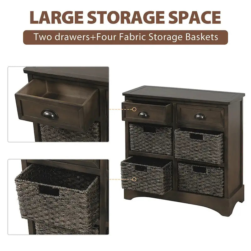 Meuble de rangement rustique avec deux tiroirs et quatre paniers en rotin classique pour salle à manger/entrée/salon
