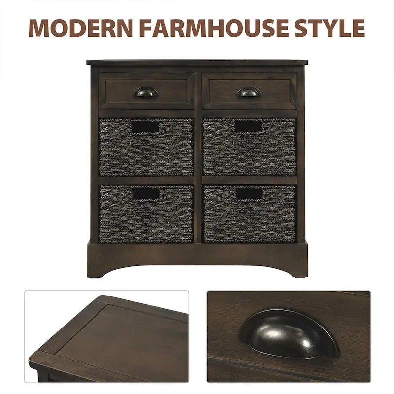 Meuble de rangement rustique avec deux tiroirs et quatre paniers en rotin classique pour salle à manger/entrée/salon