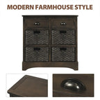 Meuble de rangement rustique avec deux tiroirs et quatre paniers en rotin classique pour salle à manger/entrée/salon