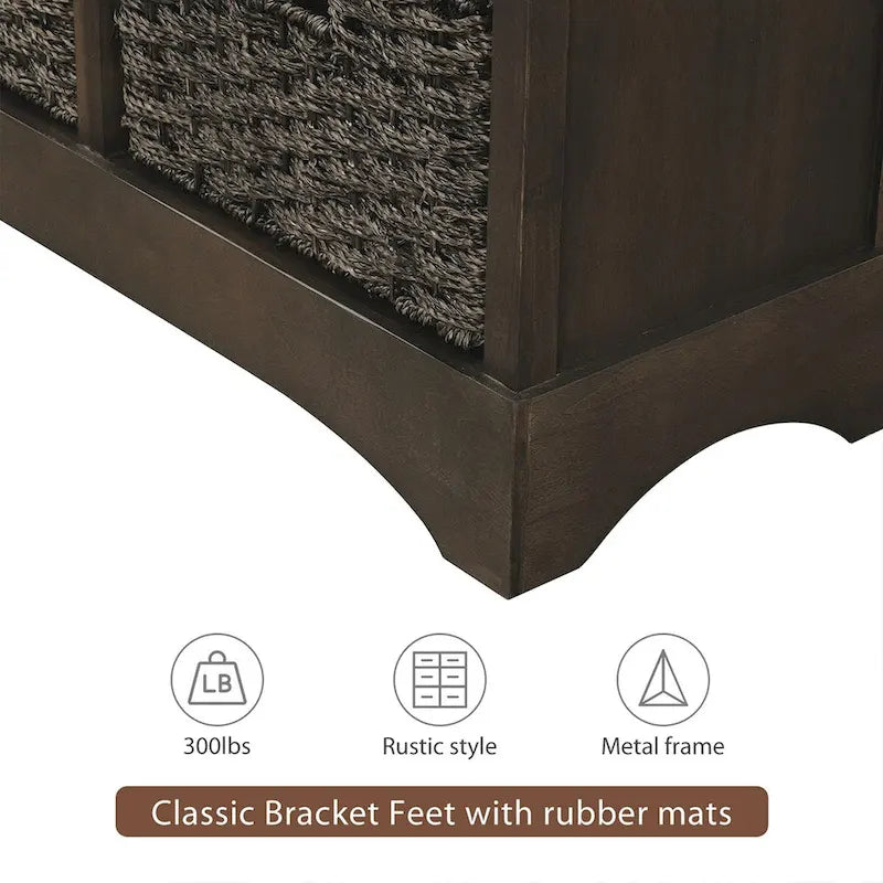 Meuble de rangement rustique avec deux tiroirs et quatre paniers en rotin classique pour salle à manger/entrée/salon