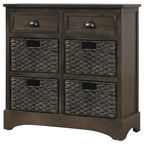Meuble de rangement rustique avec deux tiroirs et quatre paniers en rotin classique pour salle à manger/entrée/salon