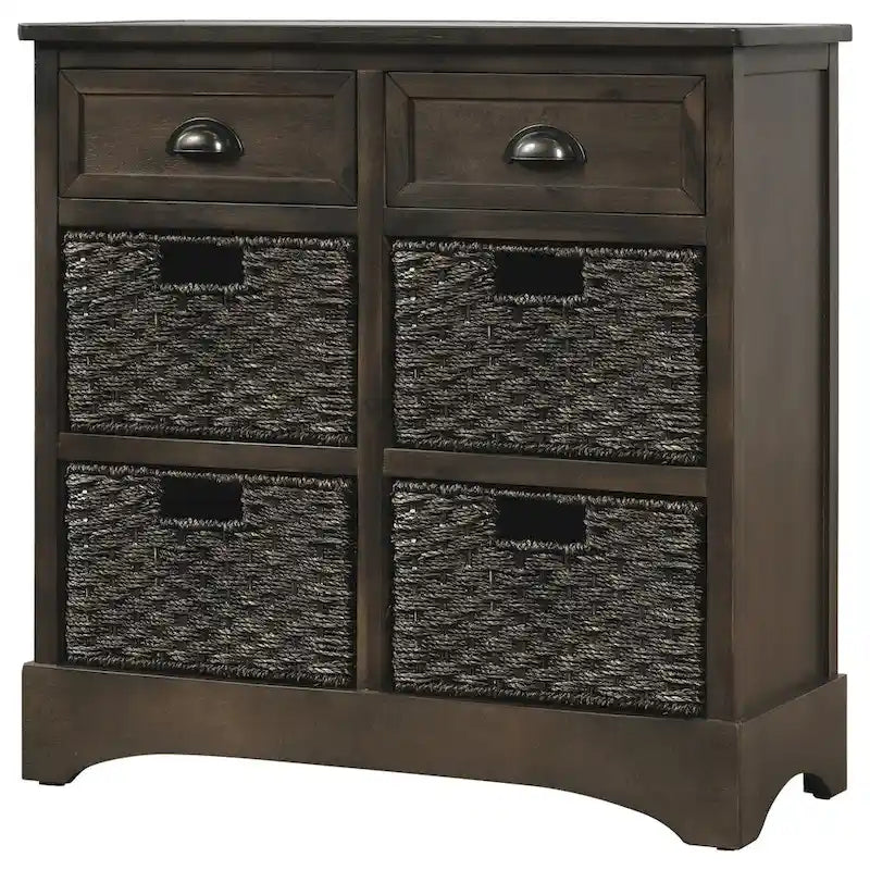 Meuble de rangement rustique avec deux tiroirs et quatre paniers en rotin classique pour salle à manger/entrée/salon