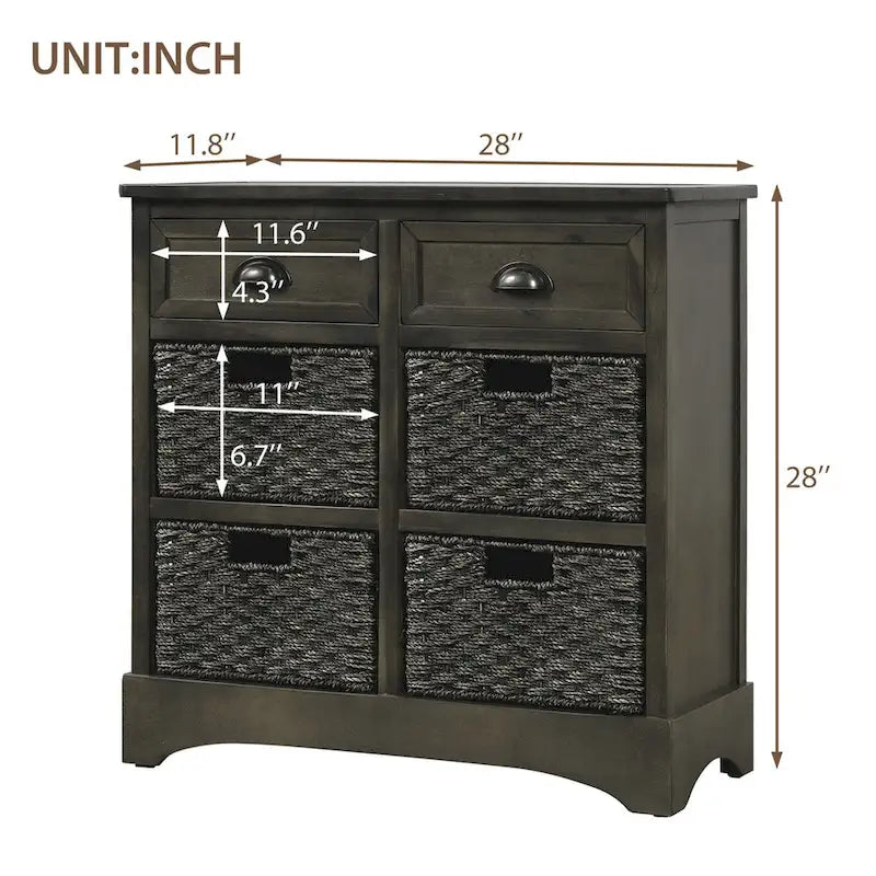 Meuble de rangement rustique avec deux tiroirs et quatre paniers en rotin classique pour salle à manger/entrée/salon