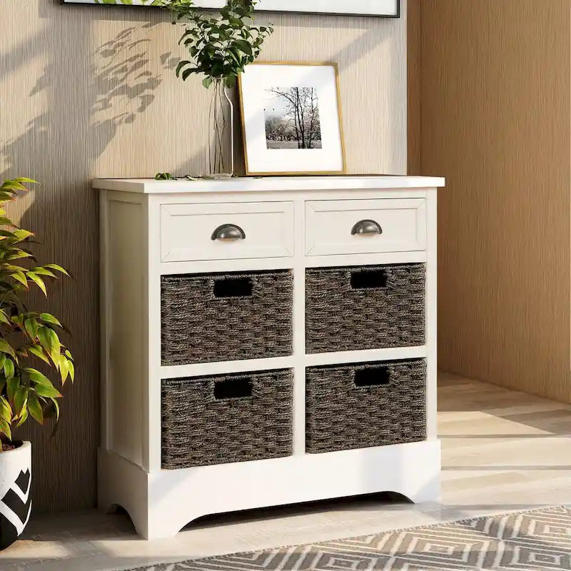 Meuble de rangement rustique avec deux tiroirs et quatre paniers en rotin classique pour salle à manger/entrée/salon
