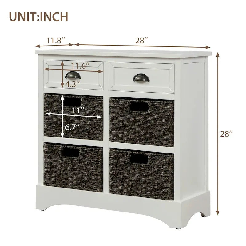 Meuble de rangement rustique avec deux tiroirs et quatre paniers en rotin classique pour salle à manger/entrée/salon