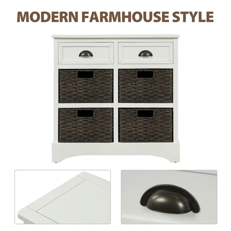 Meuble de rangement rustique avec deux tiroirs et quatre paniers en rotin classique pour salle à manger/entrée/salon