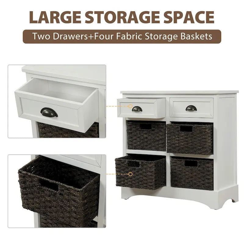 Meuble de rangement rustique avec deux tiroirs et quatre paniers en rotin classique pour salle à manger/entrée/salon