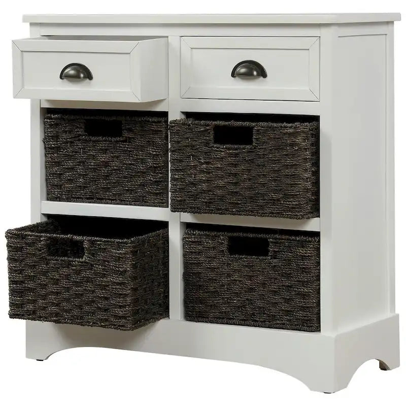 Meuble de rangement rustique avec deux tiroirs et quatre paniers en rotin classique pour salle à manger/entrée/salon