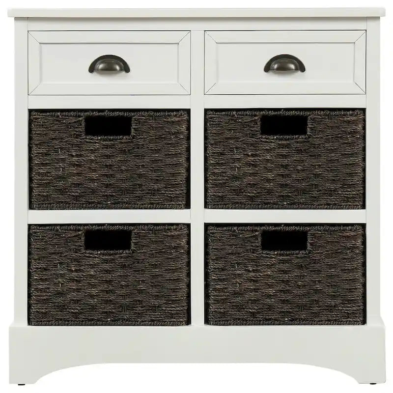 Meuble de rangement rustique avec deux tiroirs et quatre paniers en rotin classique pour salle à manger/entrée/salon