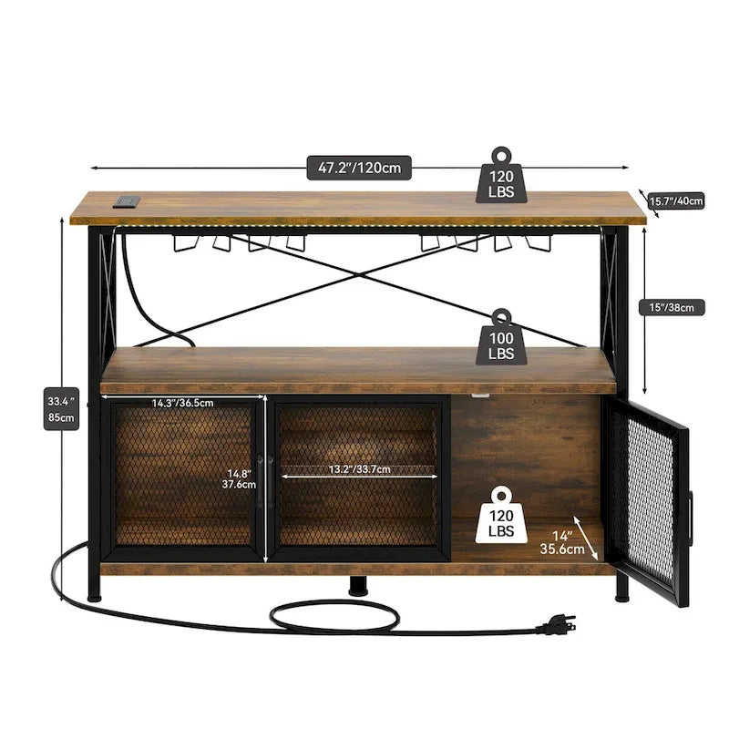 Meuble de Bar à Vin 47" avec Lumières LED Prises Électriques Meuble de Bar Industriel - 47.2L x 15.7W x 33.4H
