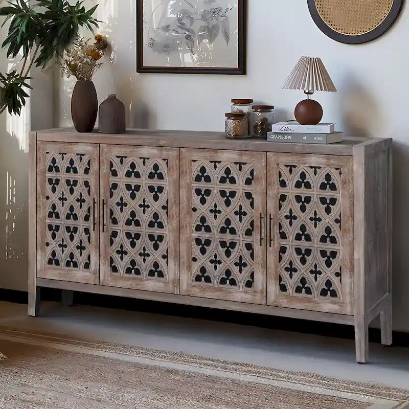 Meuble de rangement, Buffet, Cabinet antique à quatre portes ajourées