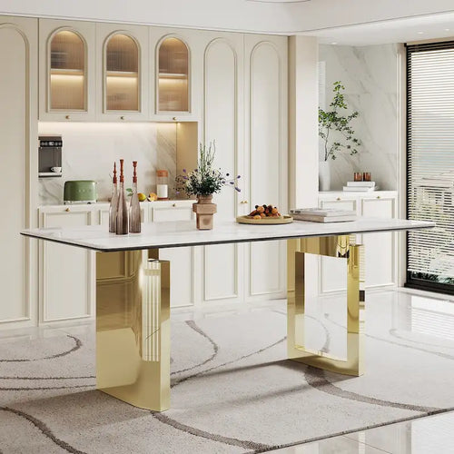 0.47 Thick Sintered Stone Composite Tempered Glass Top Rectangular Dining Table with Stainless Steel Base