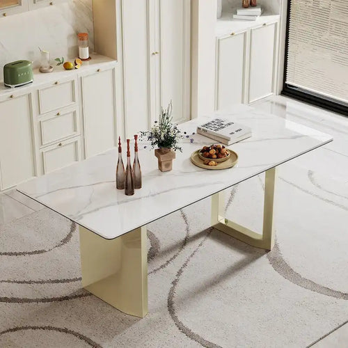 Table à manger rectangulaire avec plateau en verre trempé composite de pierre frittée de 0,47" d'épaisseur et piètement en acier inoxydable