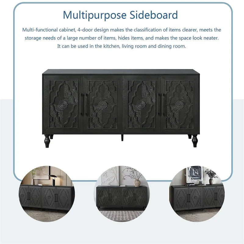 Grand meuble de rangement à portes sculptées et poignées métalliques