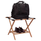 Porte-bagages pliant entièrement assemblé avec étagère de rangement inférieure | Cadre en bambou avec sangles noires